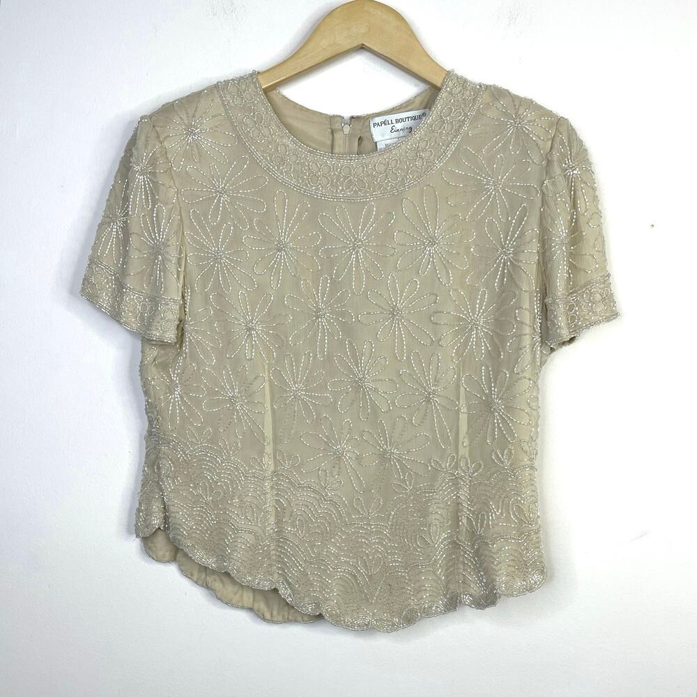 Vintage Papell Boutiqe Cream Silk Beaded Flower Art Deco Glam Blouse Top 14P M L